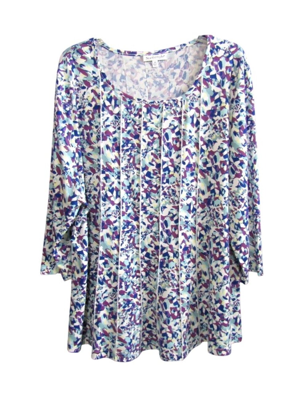 North Style White Blue Purple Abstract Seamed Tunic Top Womens Plus Size 2X